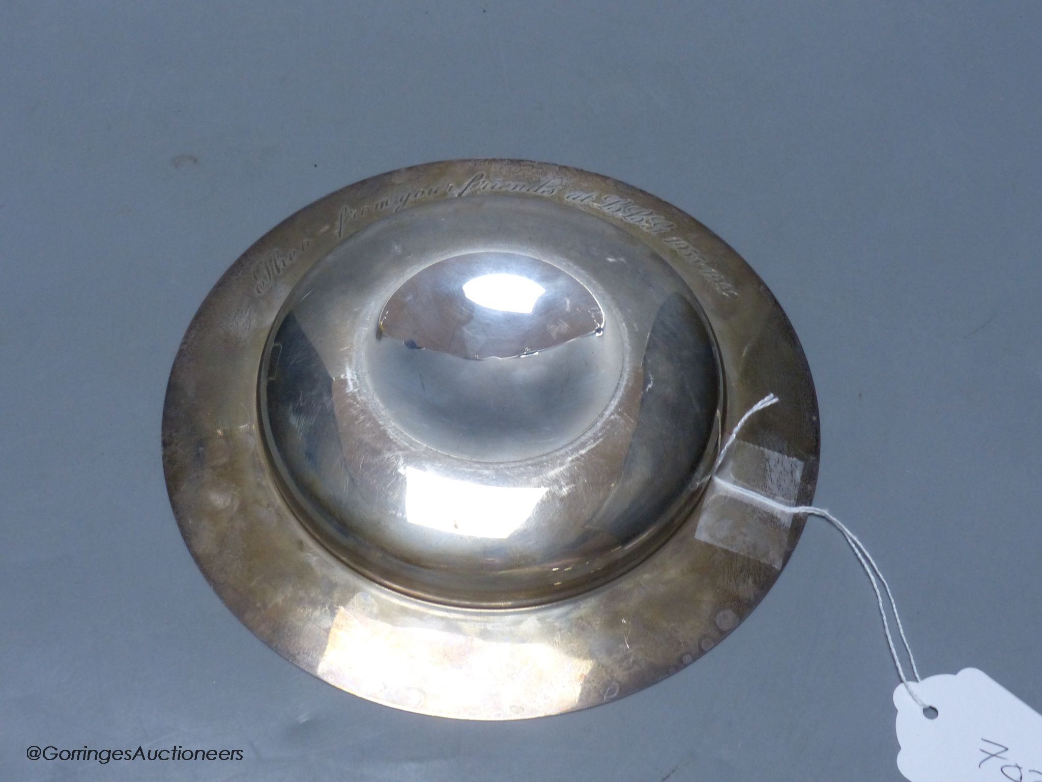 A Mappin & Webb circular silver presentation bowl, of plain line-engraved form, 11.24oz